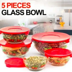 5 microwave- Safe Glass Bowl set with lid/පියන් සහිත බෝල් සෙට්