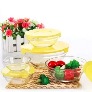 5 microwave- Safe Glass Bowl set with lid/පියන් සහිත බෝල් සෙට්