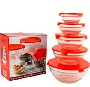 5 microwave- Safe Glass Bowl set with lid/පියන් සහිත බෝල් සෙට්